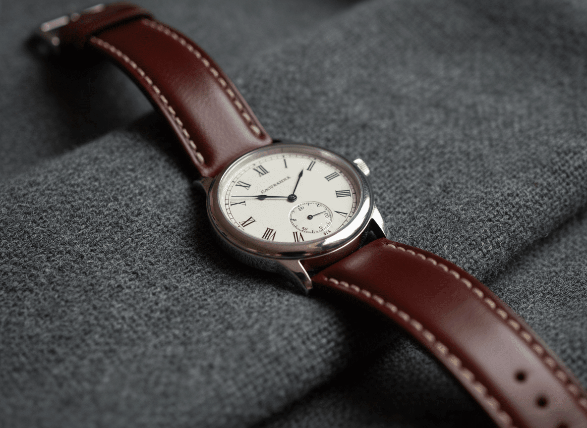 Jam tangan dengan pelat jam putih, angka Romawi, dan tali kulit coklat dengan latar belakang kain abu-abu