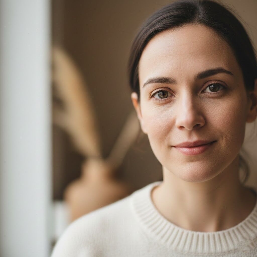 Tampilan jarak dekat dari seorang wanita muda dengan rambut coklat dan sweter putih tersenyum lembut di dalam ruangan.
