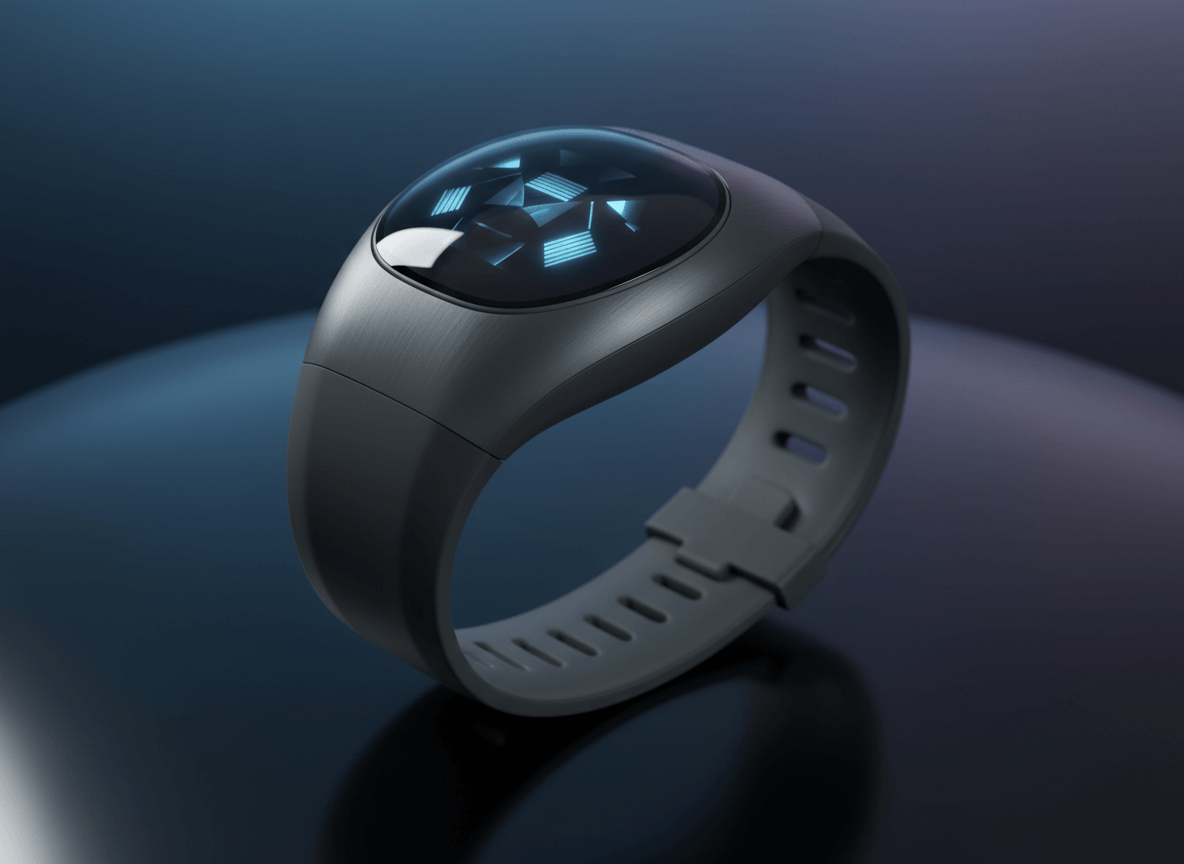 Jam tangan pintar hitam futuristik dengan layar melengkung menampilkan bentuk geometris biru dengan latar belakang gelap.