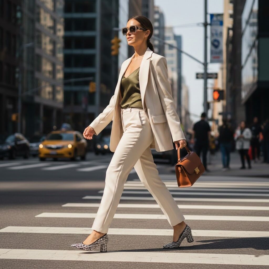 Wanita berjas krem ​​dan atasan hijau berjalan melintasi jalan kota membawa tas tangan coklat dan mengenakan sepatu hak kotak-kotak