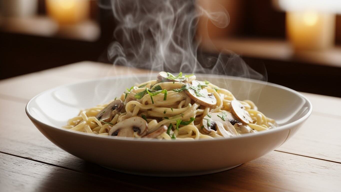 Sepiring pasta jamur kukus yang dihias dengan bumbu cincang di atas meja kayu.