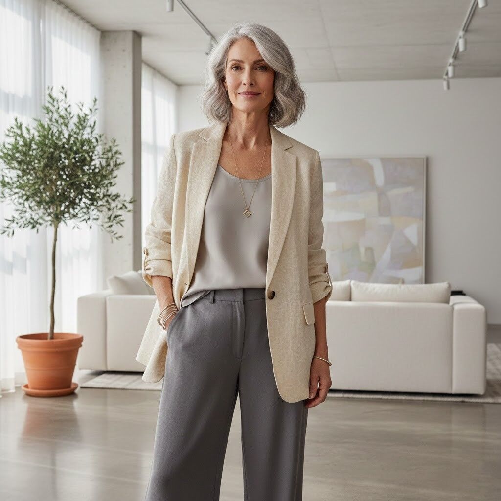 Wanita dewasa yang percaya diri dengan rambut abu-abu mengenakan blazer krem ​​dan celana abu-abu di ruang tamu modern