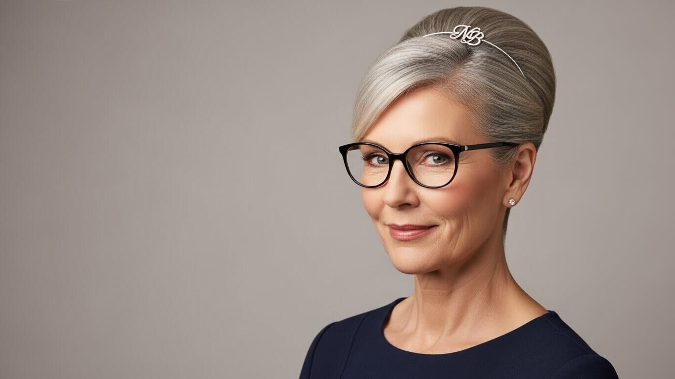 Wanita dewasa dengan rambut perak ditata, mengenakan kacamata hitam dan atasan biru tua, tersenyum dengan latar belakang netral.