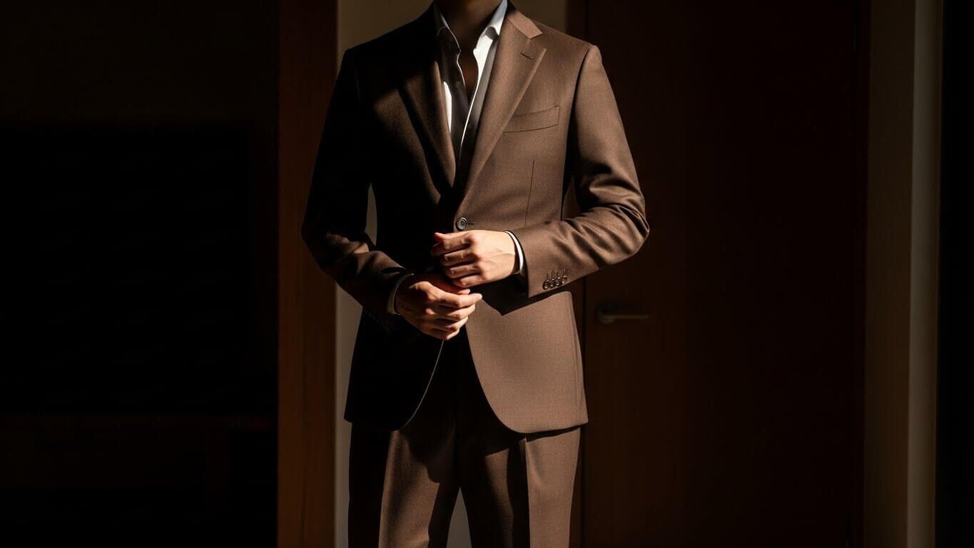 Tombol penyesuaian orang pada jas coklat dengan kemeja putih dalam pengaturan cahaya redup