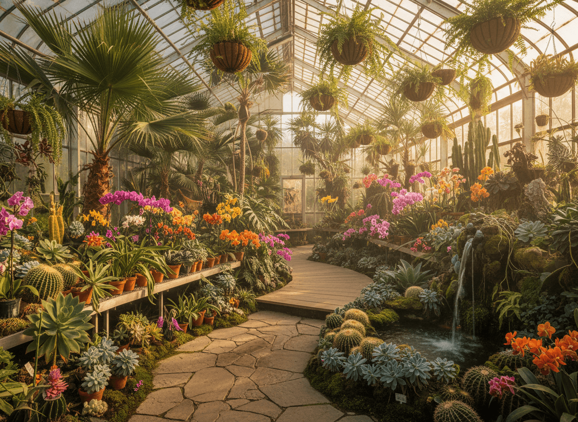 Interior rumah kaca dengan beragam tanaman tropis, anggrek berwarna-warni, kaktus, dan air mancur kecil di sepanjang jalan batu.