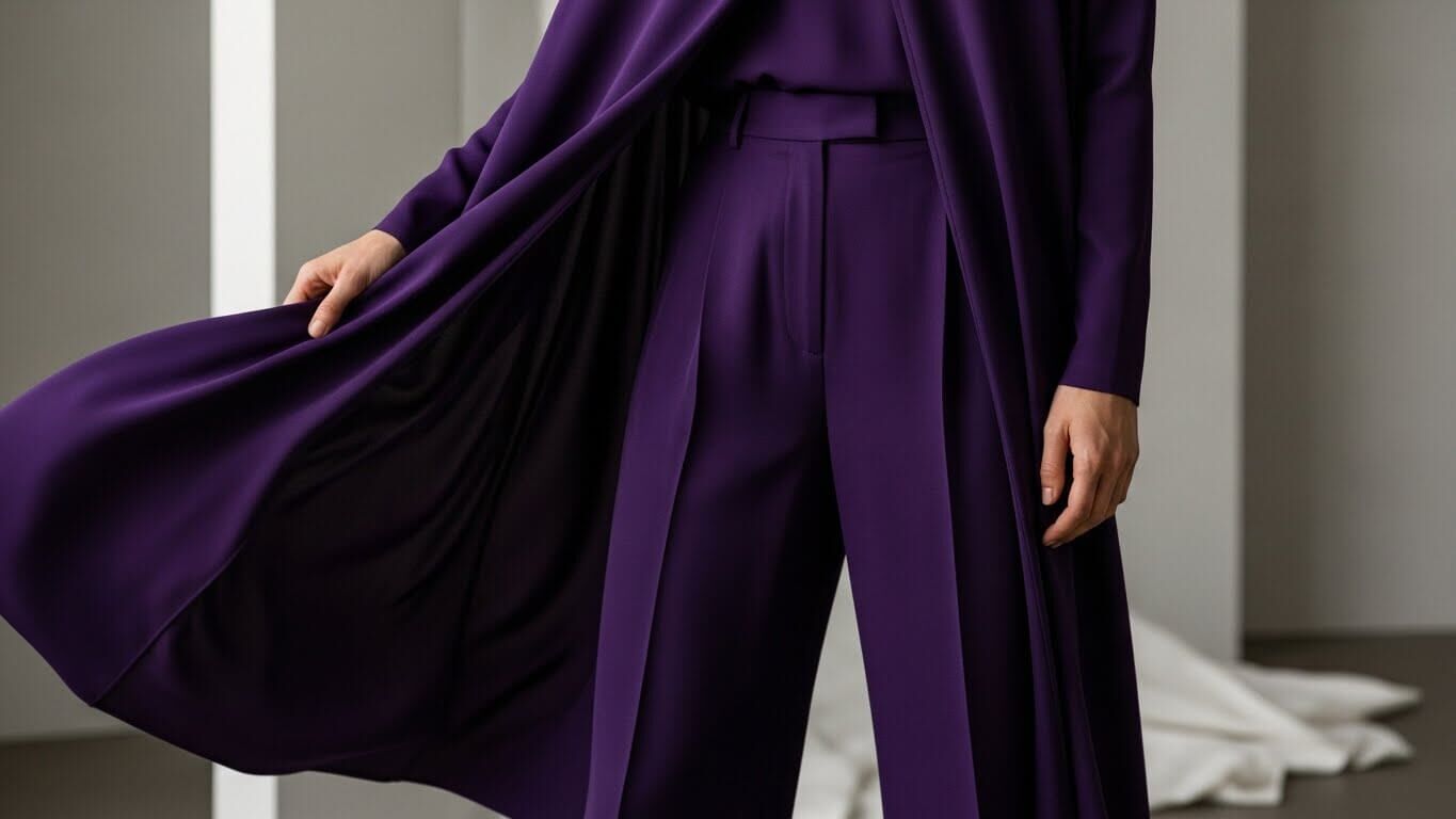 Tampilan jarak dekat dari seseorang yang mengenakan celana lebar berwarna ungu dan mantel panjang yang serasi.