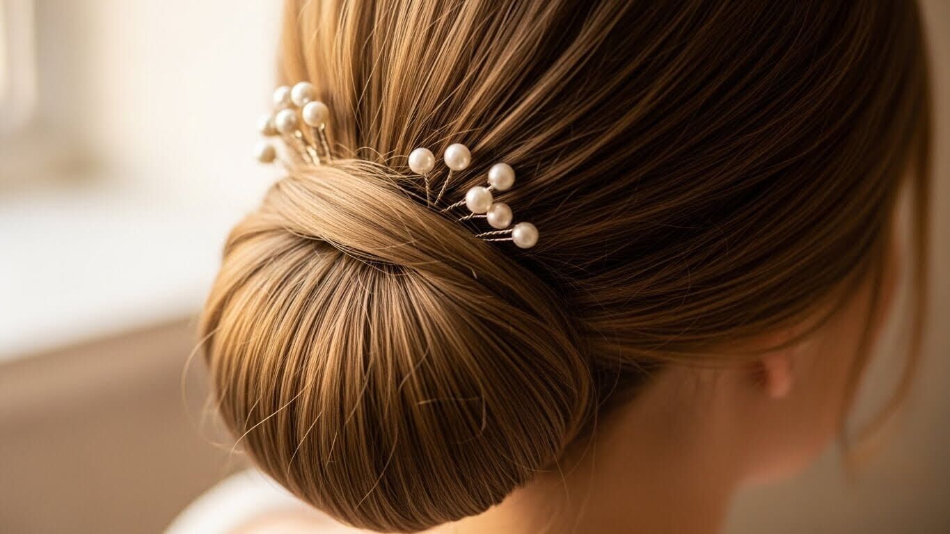 Rambut pirang ditata sanggul rendah dengan jepit rambut mutiara.