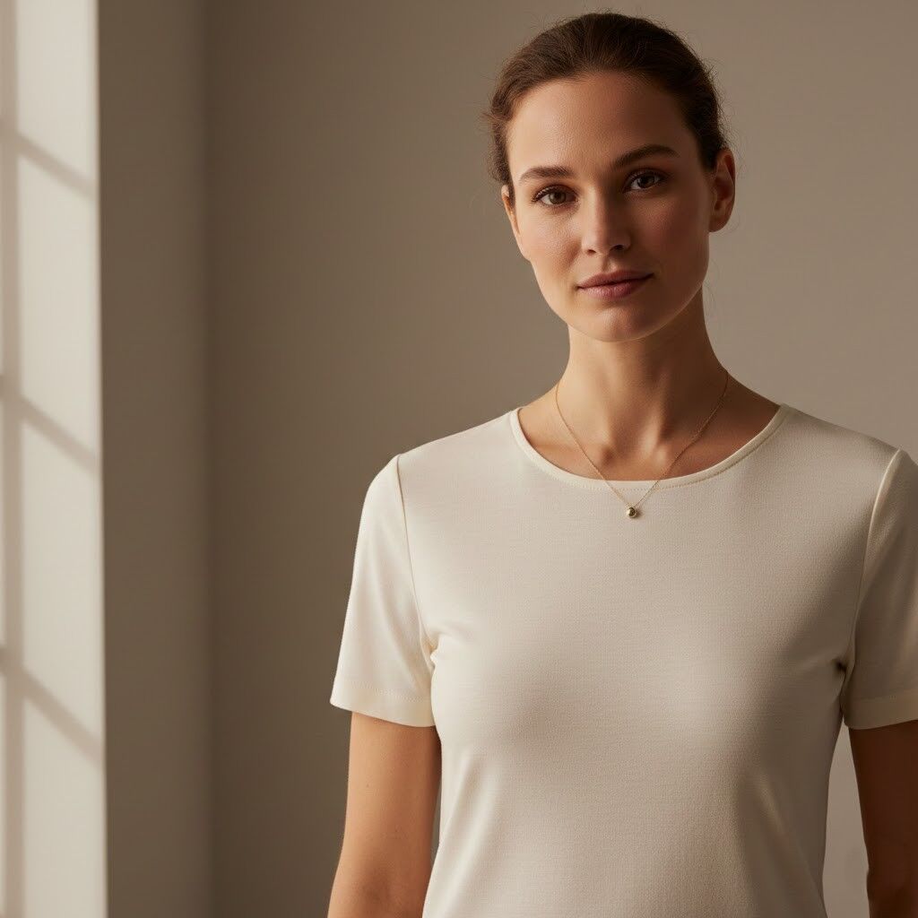 Wanita muda mengenakan atasan lengan pendek berwarna putih dan kalung emas halus dengan liontin kecil dengan latar belakang netral.