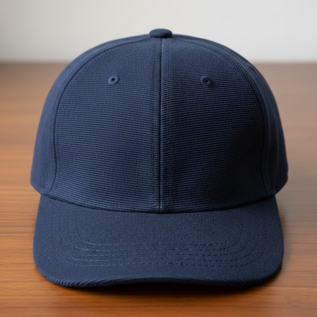Topi baseball bertekstur biru laut di permukaan kayu dengan latar belakang polos
