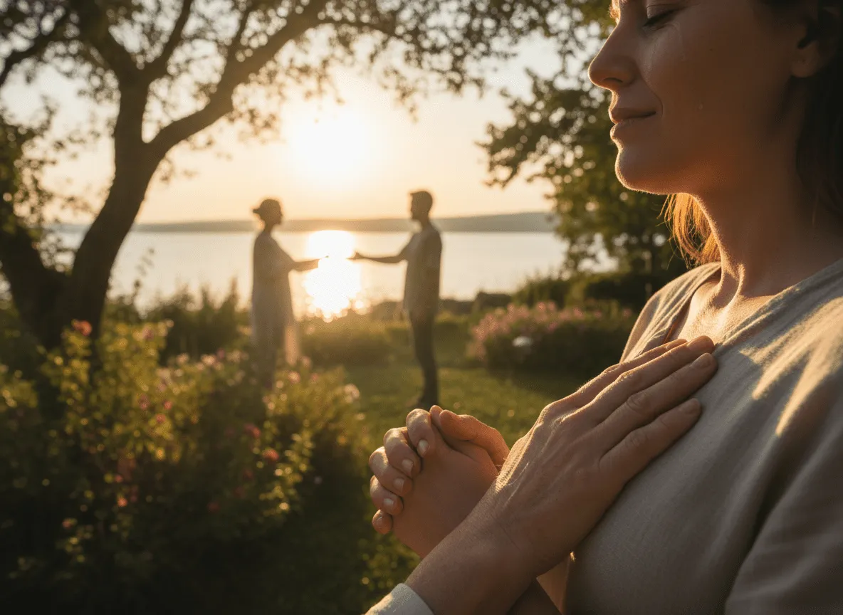 Wanita dengan mata tertutup dan tangan terkepal di dekat dada, dengan pasangan berpegangan tangan di tepi danau saat matahari terbenam sebagai latar belakang