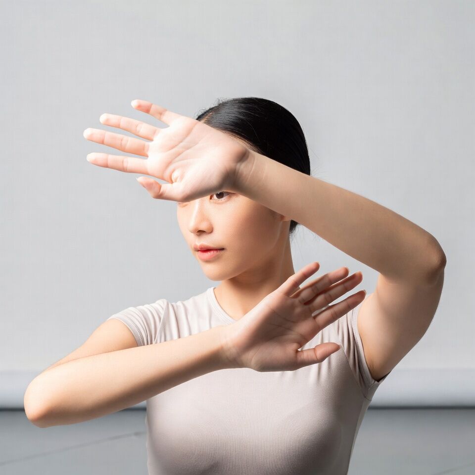 Wanita muda dengan kemeja krem ​​melindungi wajahnya dengan tangan bersilang dengan latar belakang terang