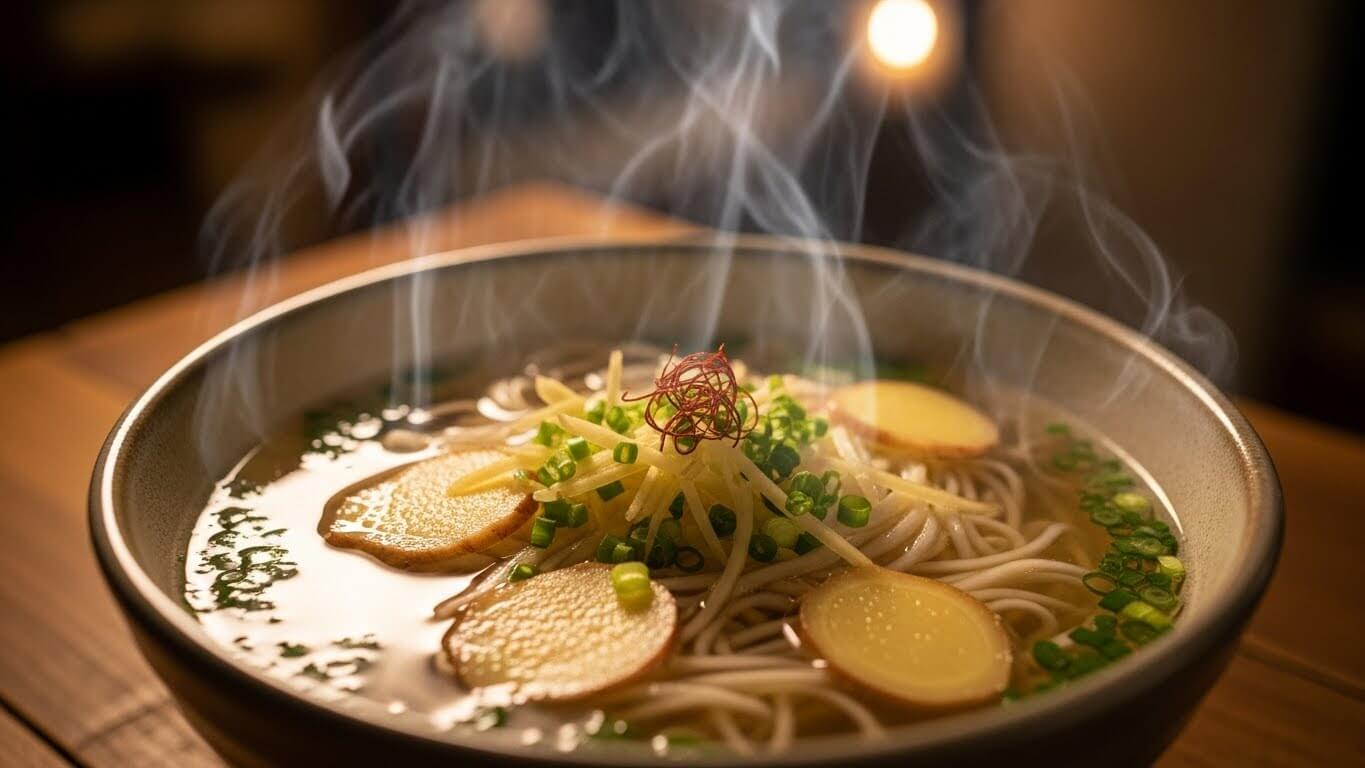 Kukus semangkuk mie ramen dengan irisan jahe, daun bawang, dan cabai merah dalam kuah kaldu