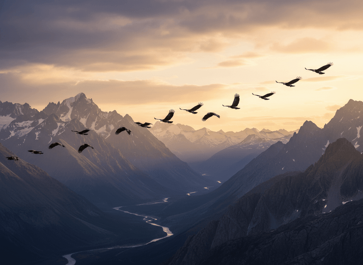 Burung nasar terbang di atas lembah sungai berkelok-kelok dikelilingi pegunungan yang tertutup salju saat matahari terbenam.