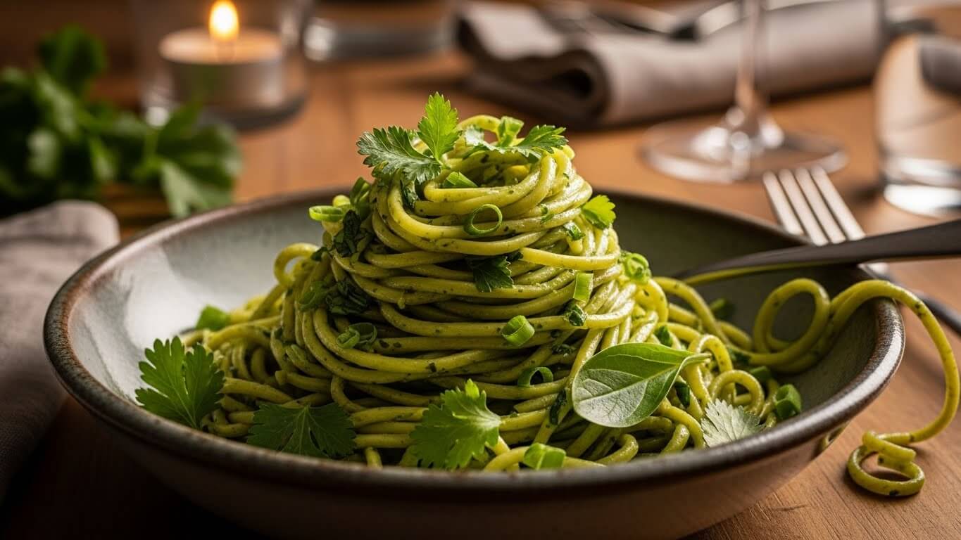 Semangkuk pasta spageti disiram dengan saus pesto hijau dan dihias dengan rempah segar di atas meja kayu.