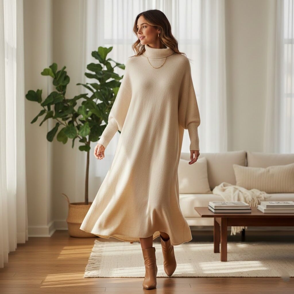 Wanita mengenakan gaun sweter turtleneck berwarna krem ​​dan sepatu bot coklat berjalan di ruang tamu yang diterangi matahari