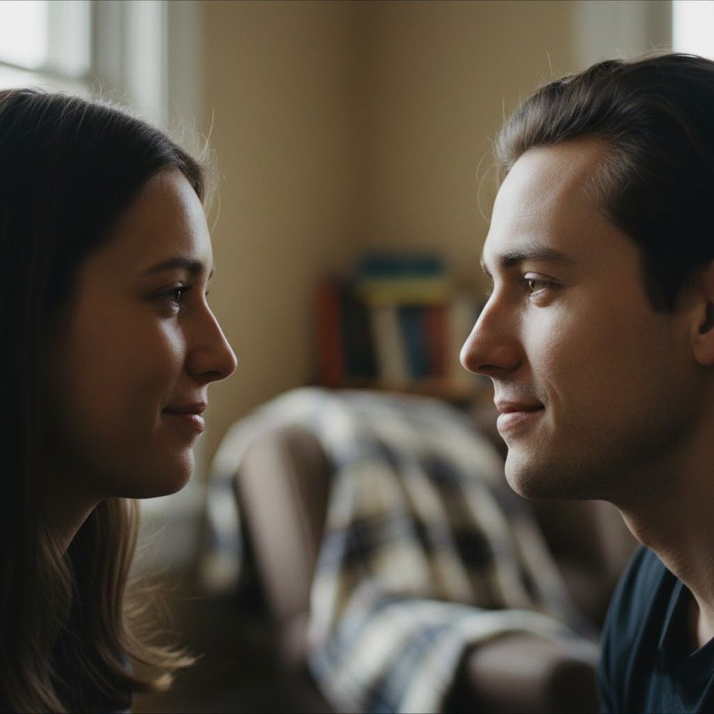 Pria dan wanita muda saling berhadapan dan tersenyum dalam suasana dalam ruangan yang nyaman