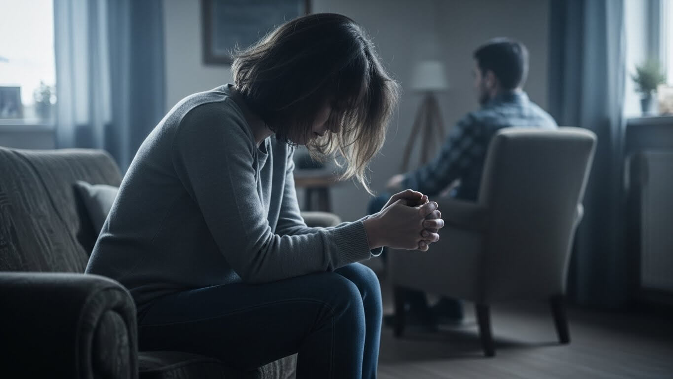 Wanita duduk di sofa dengan kepala tertunduk dan tangan terkepal, pria duduk di kursi berlengan menghadap jauh di ruangan redup