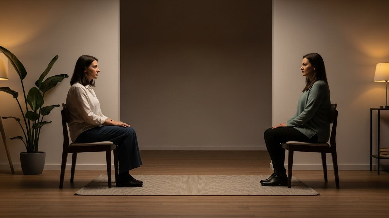 Dua wanita duduk di kursi saling berhadapan di ruangan remang-remang dengan tanaman dan lampu.