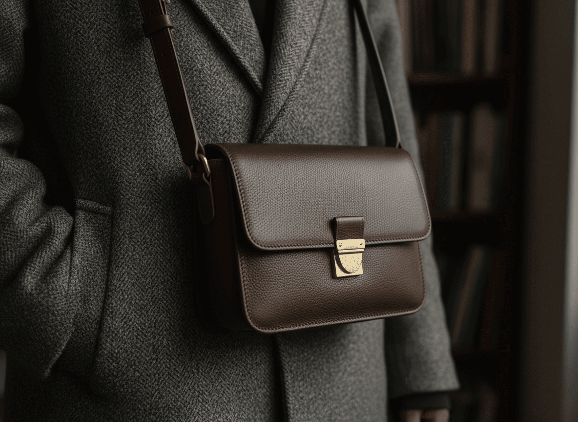 Tas selempang kulit berwarna coklat dengan gesper emas dikenakan di atas mantel herringbone abu-abu