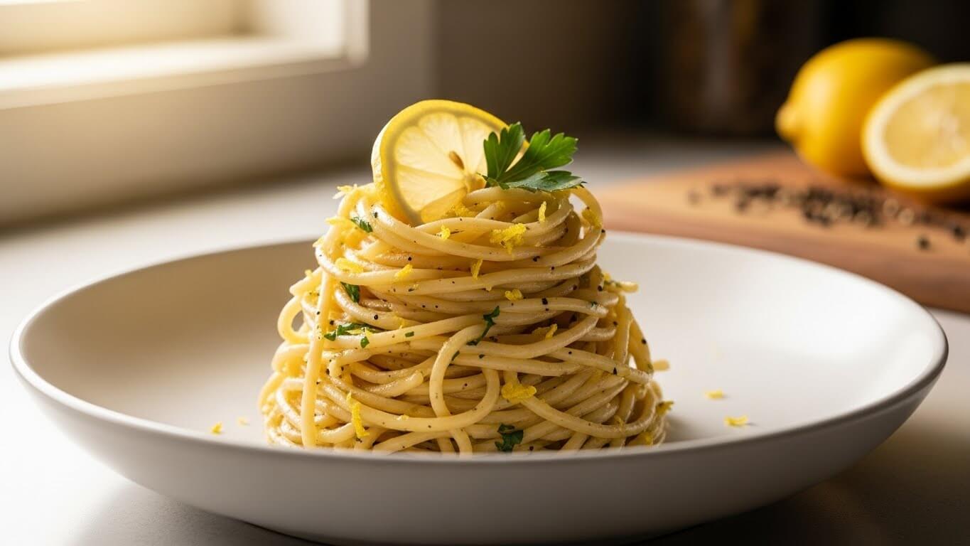Spaghetti lemon dihias dengan irisan lemon dan peterseli dalam mangkuk putih dengan lemon dan merica di latar belakang