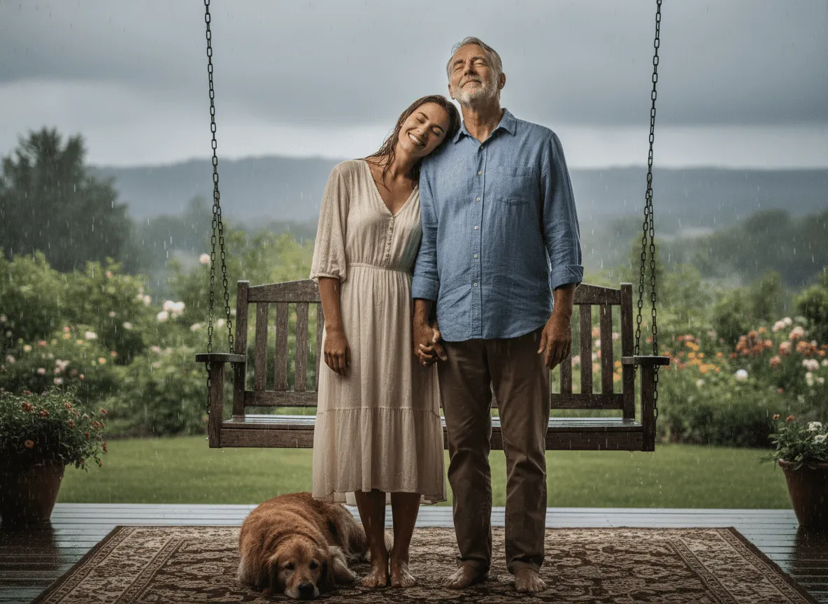 Pasangan berpegangan tangan tanpa alas kaki di teras di tengah hujan dengan golden retriever tergeletak di karpet di dekatnya