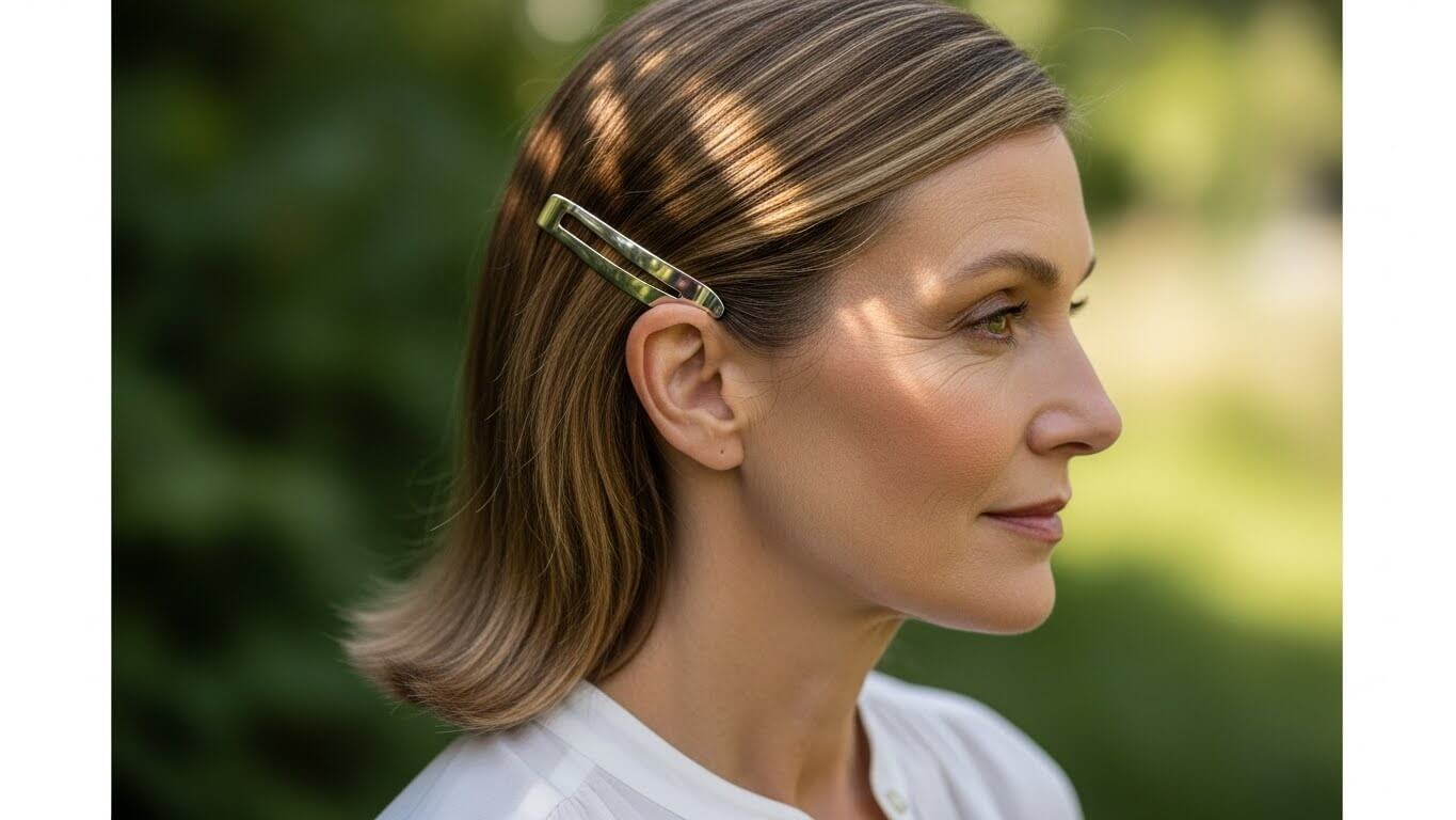 Profil seorang wanita berambut pirang pendek yang diikat dengan jepit rambut emas, mengenakan atasan putih di luar ruangan di bawah sinar matahari