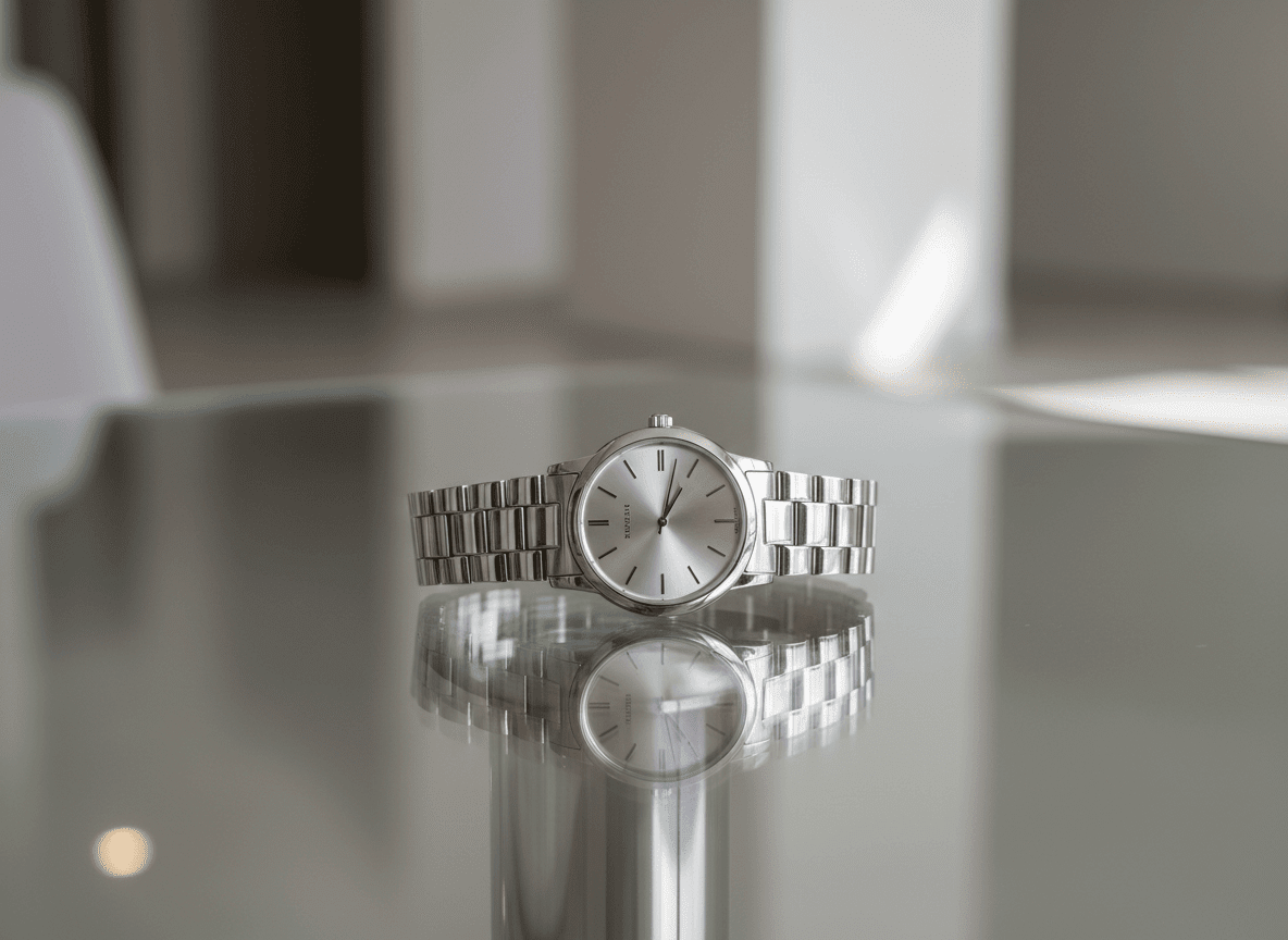 Jam tangan perak dengan tali logam di atas meja kaca reflektif menunjukkan waktu 12:10