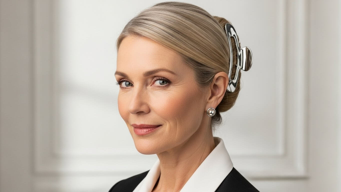 Wanita dewasa dengan rambut pirang dengan jepit rambut perak dan anting mutiara mengenakan pakaian berkerah hitam putih