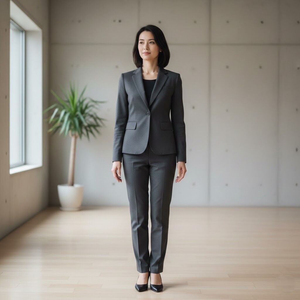 Wanita Asia dengan setelan bisnis abu-abu berdiri di kantor modern dengan tanaman pot di dekat jendela