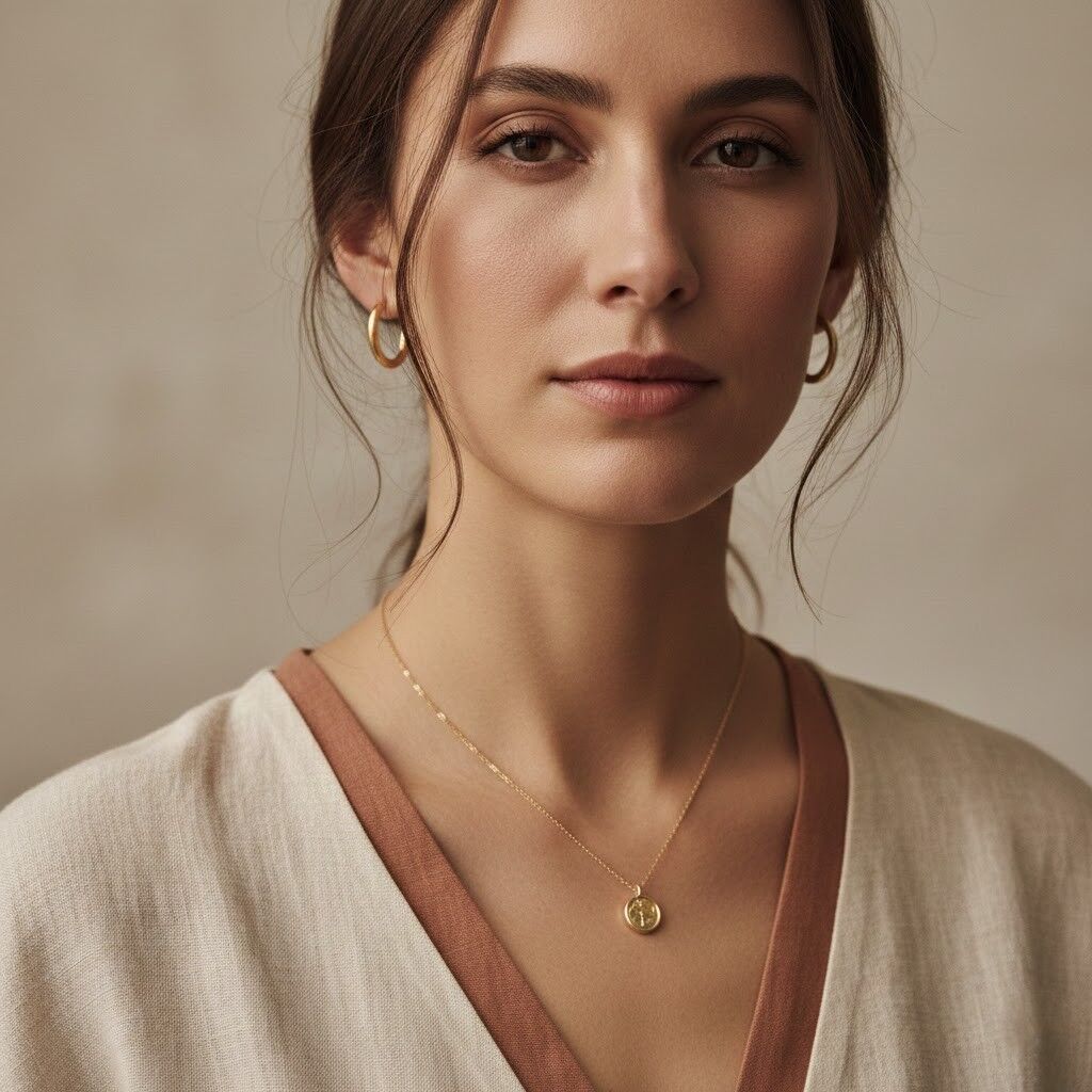 Tampilan jarak dekat dari seorang wanita yang mengenakan anting-anting emas dan kalung liontin emas dengan atasan berwarna krem ​​dan coklat.