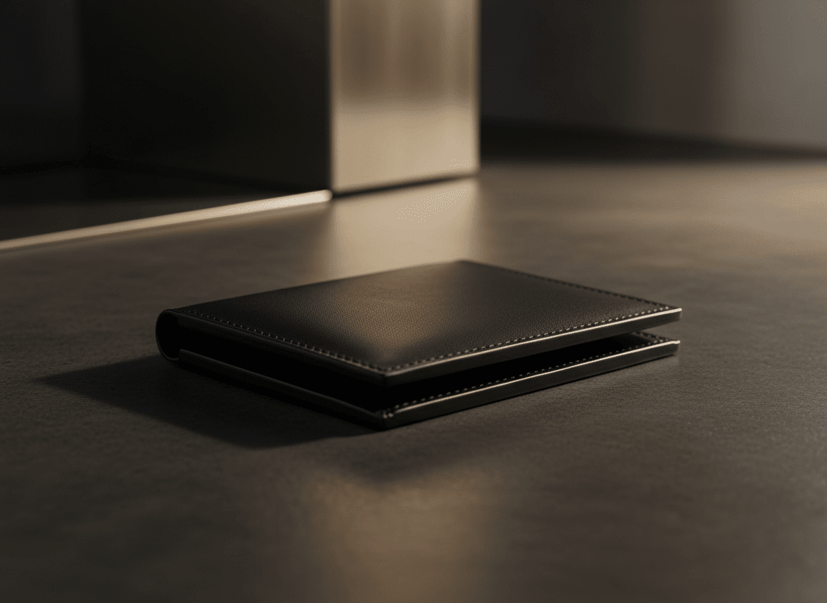 dompet kulit hitam di permukaan gelap dengan pencahayaan dan bayangan lembut