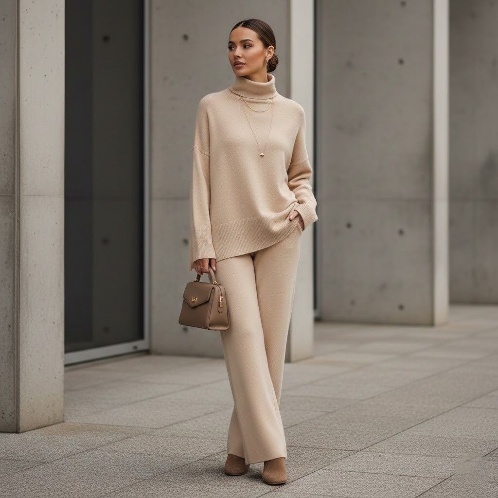 Wanita dengan sweter turtleneck krem ​​dan celana memegang tas tangan berwarna kelabu tua, berdiri di dekat bangunan beton modern