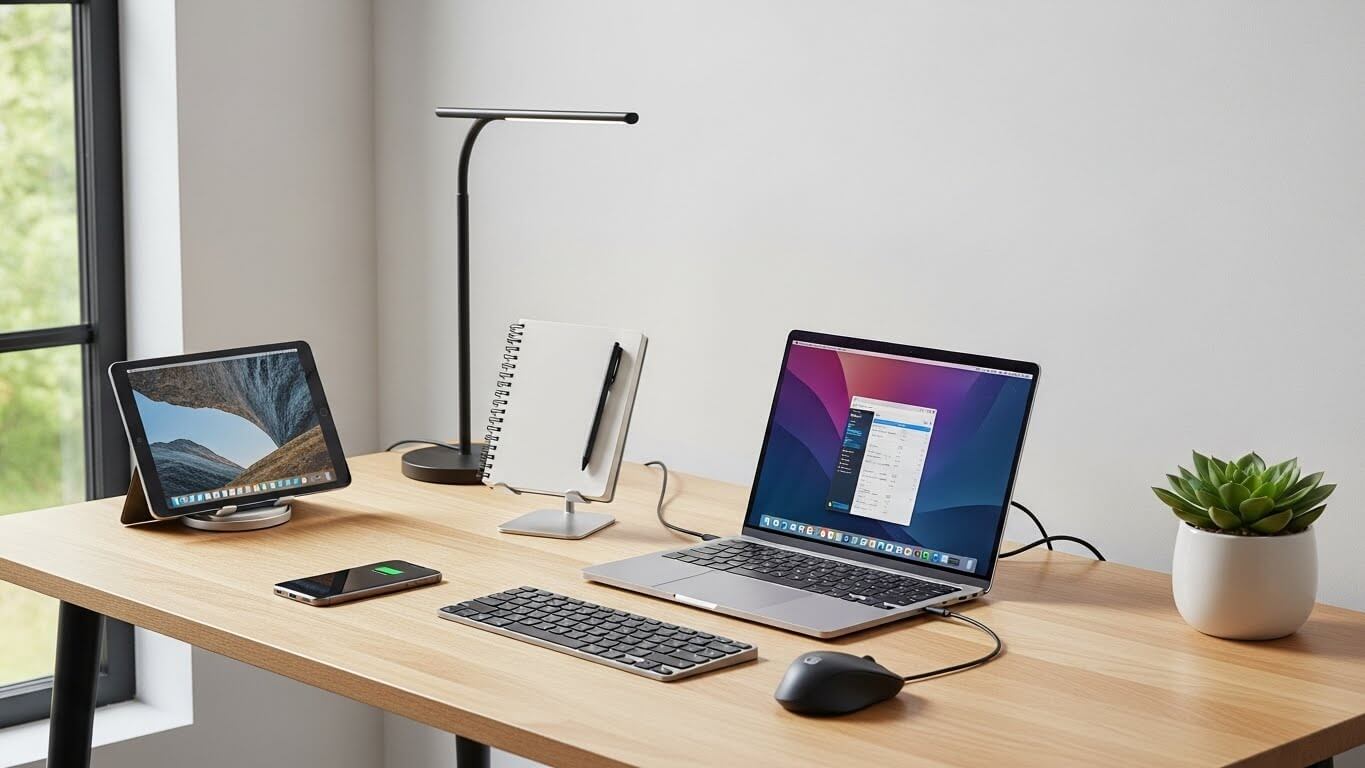Laptop MacBook, iPad, pengisian daya iPhone, keyboard dan mouse nirkabel di meja kayu dengan lampu dan tanaman sukulen
