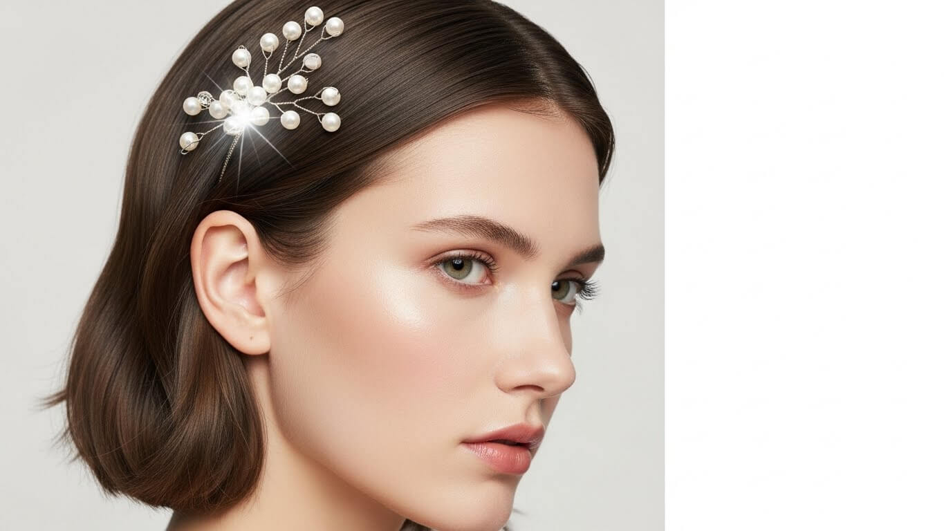 Wanita muda berambut coklat pendek mengenakan jepit rambut mutiara dan kristal di bagian samping