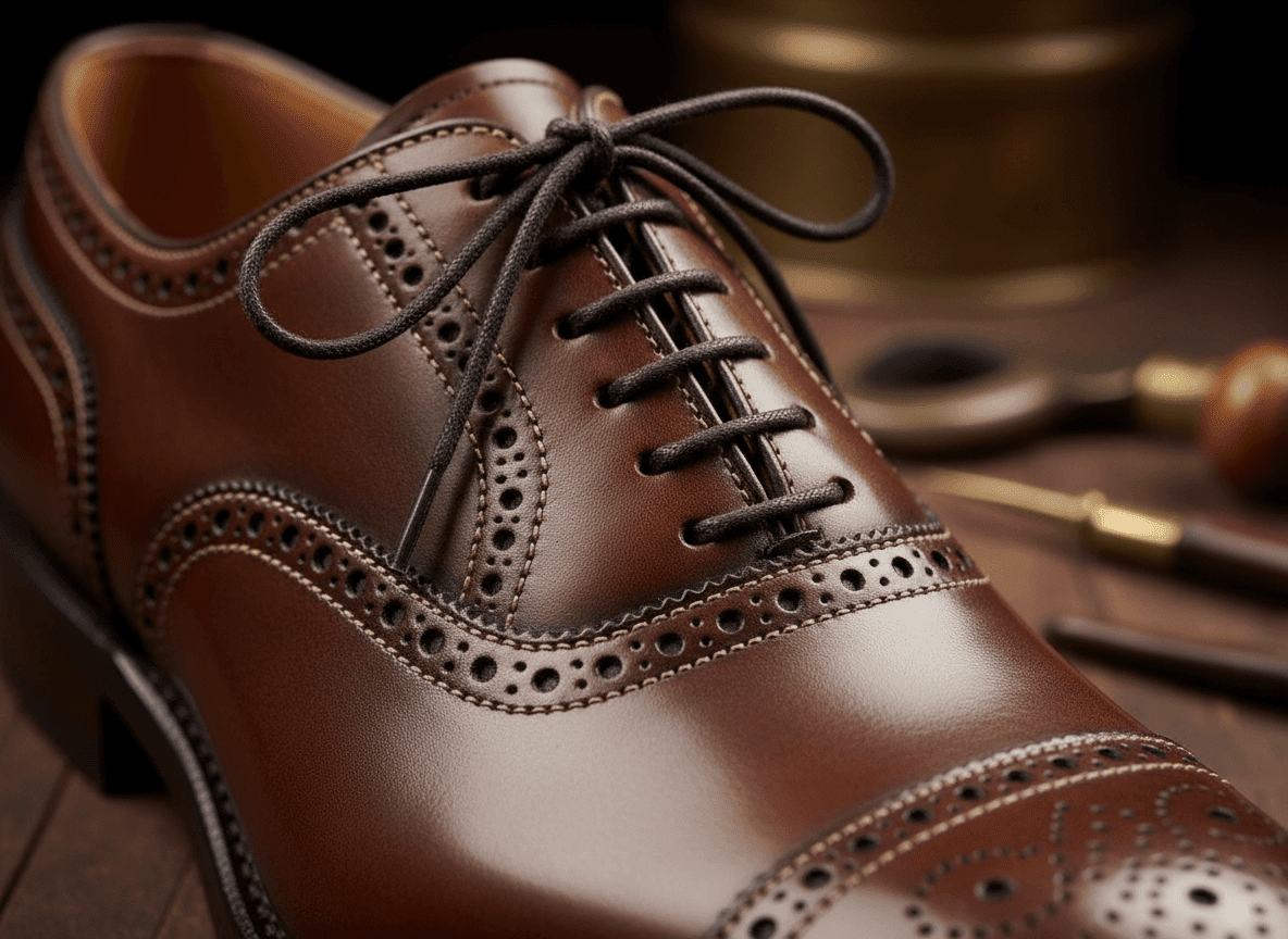 Tampilan jarak dekat dari sepatu brogue kulit coklat yang dipoles dengan tali hitam di permukaan kayu.