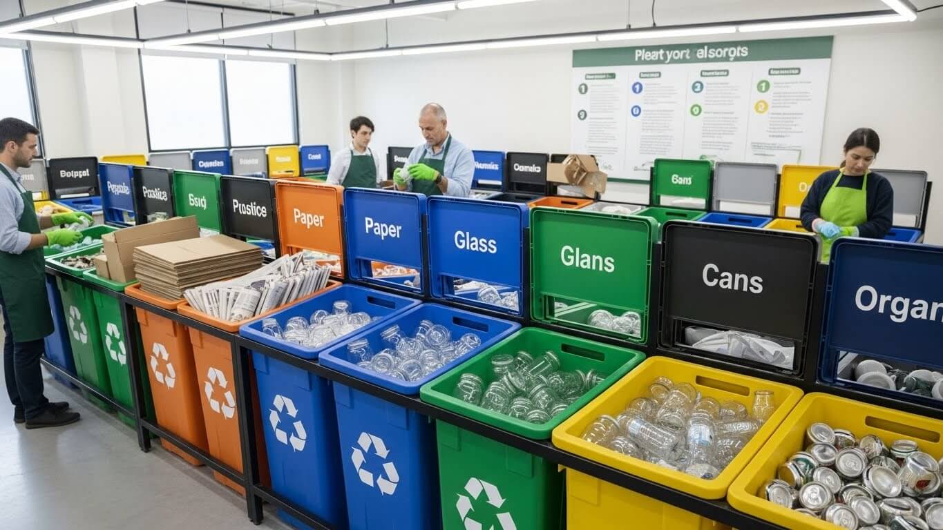 Empat orang memilah barang daur ulang ke dalam tempat sampah berlabel untuk kertas, kaca, kaleng, dan plastik di pusat daur ulang.