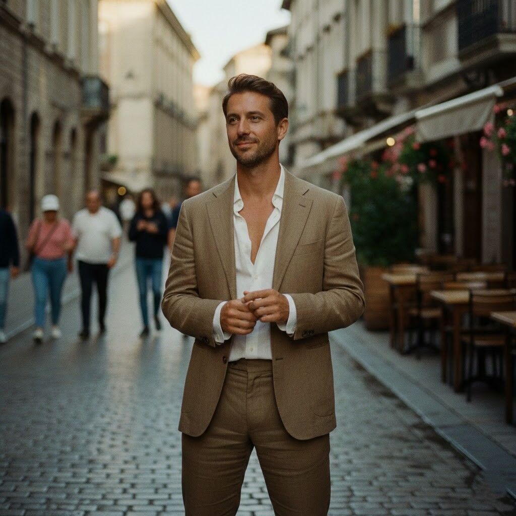 Pria berjas cokelat dan kemeja putih berdiri di jalan berbatu dengan pejalan kaki kabur dan meja kafe luar ruangan di belakangnya.