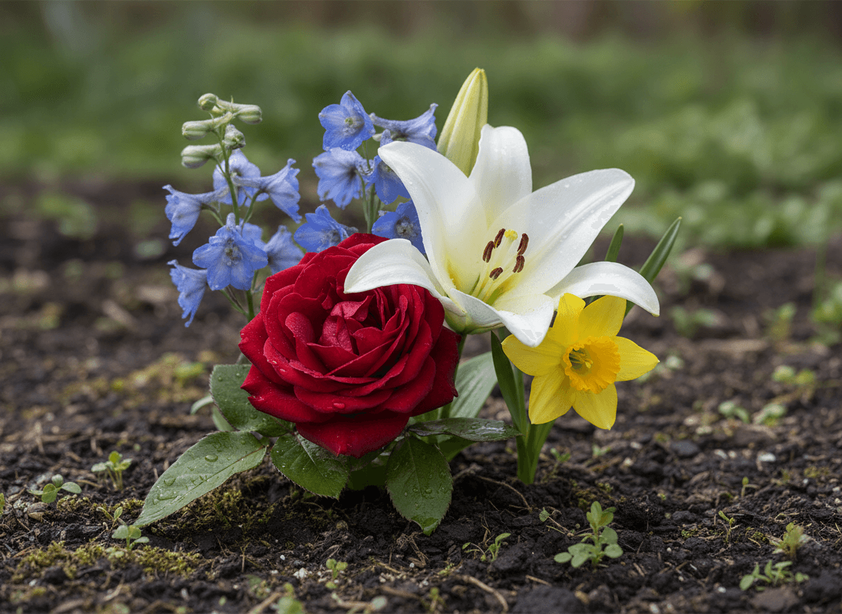 Mawar merah, lily putih, daffodil kuning, dan bunga delphinium biru tumbuh di tanah luar ruangan.