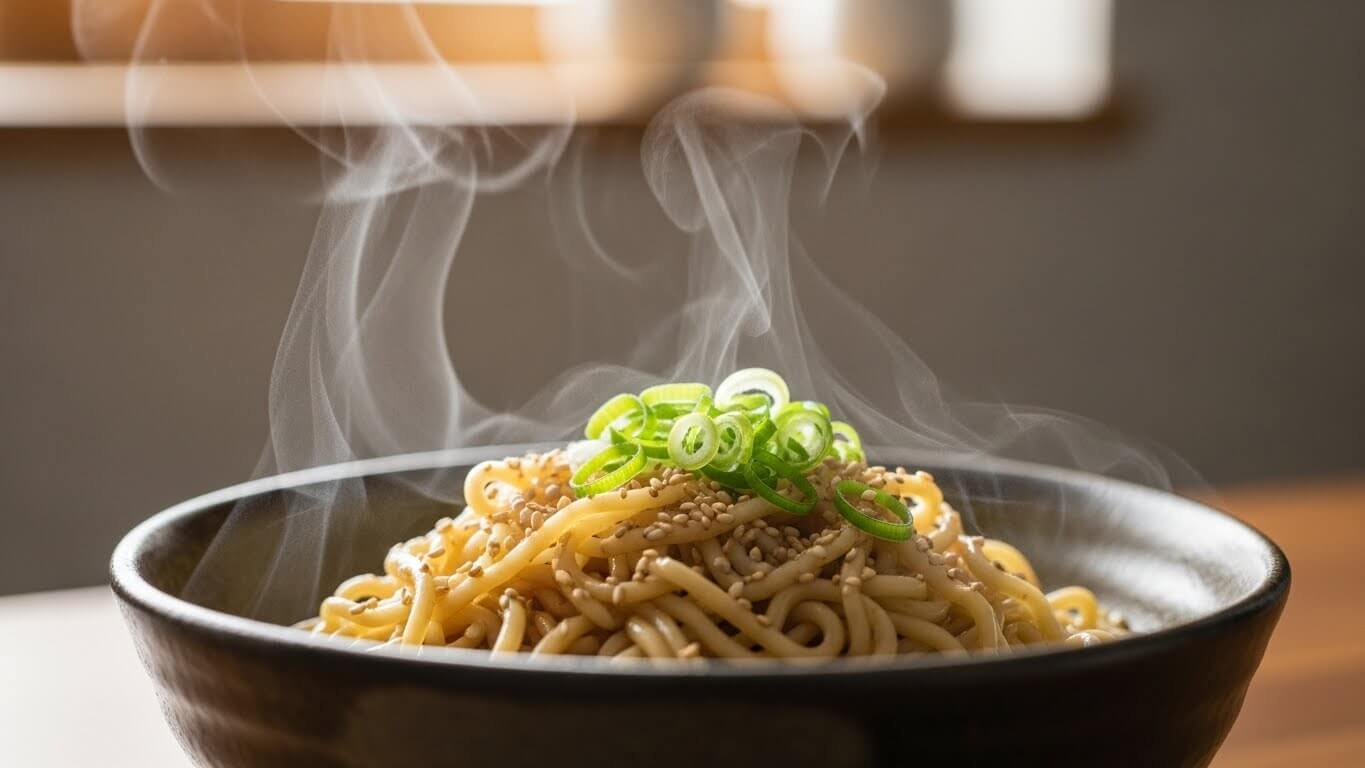 Semangkuk mie kukus dengan taburan biji wijen dan irisan daun bawang di atasnya