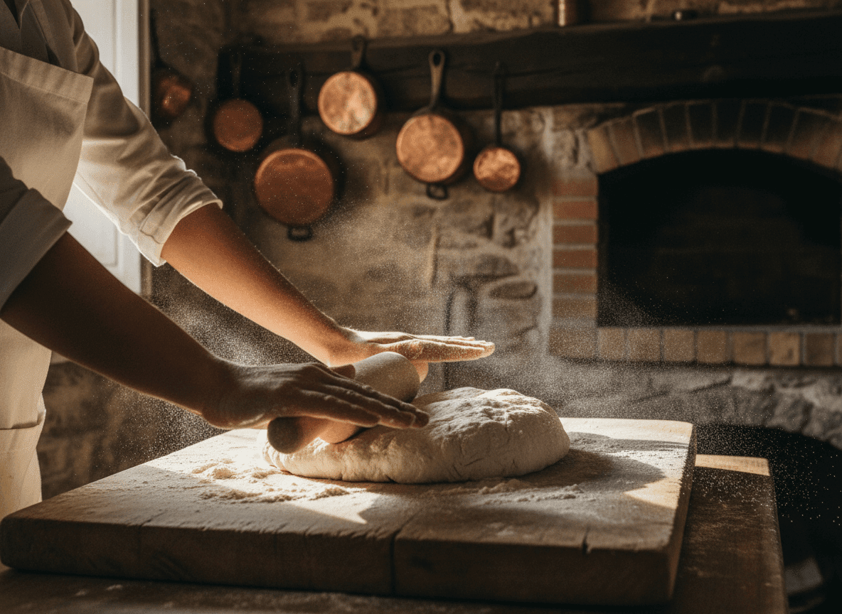 Orang menggulung adonan dengan rolling pin di papan kayu di dapur pedesaan dengan panci tembaga gantung.