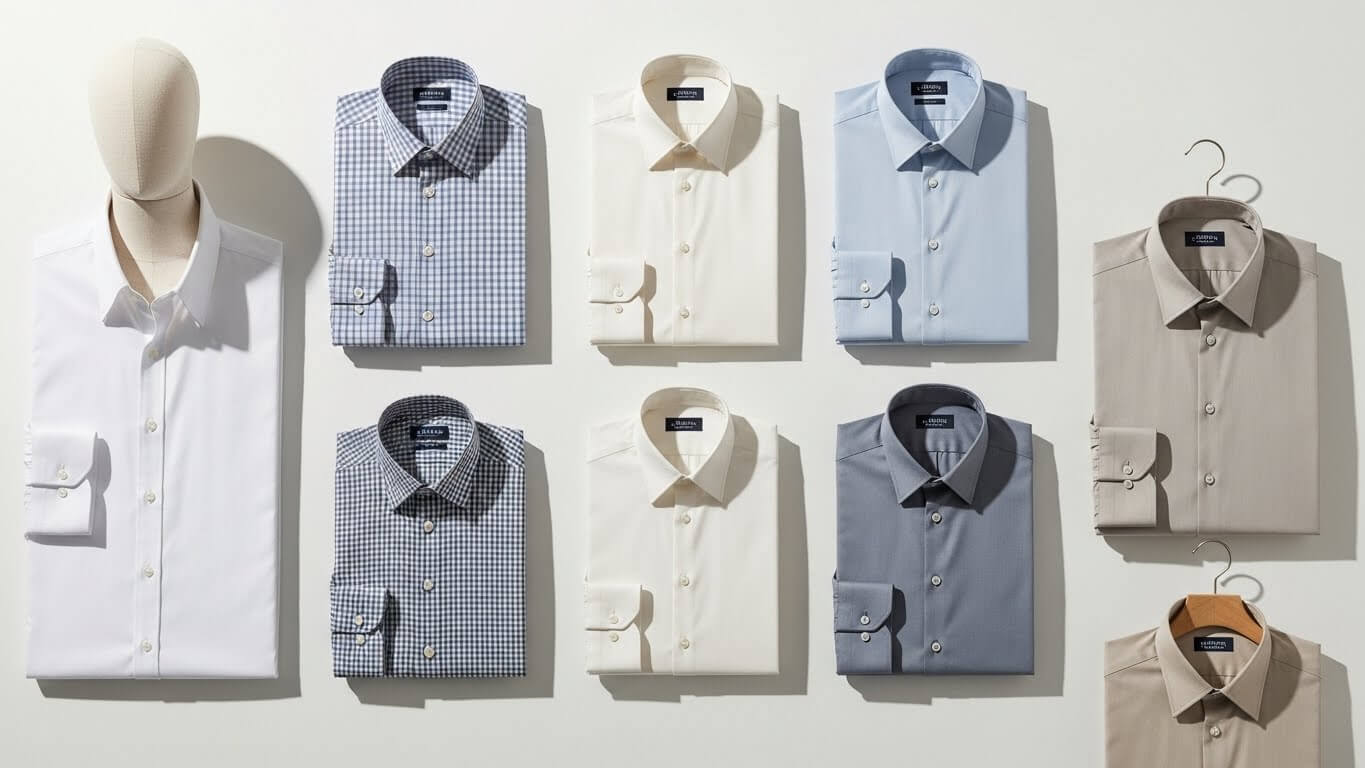 Delapan kemeja pria terlipat rapi berbagai warna dan corak merek Eton, dipajang dengan latar belakang putih.