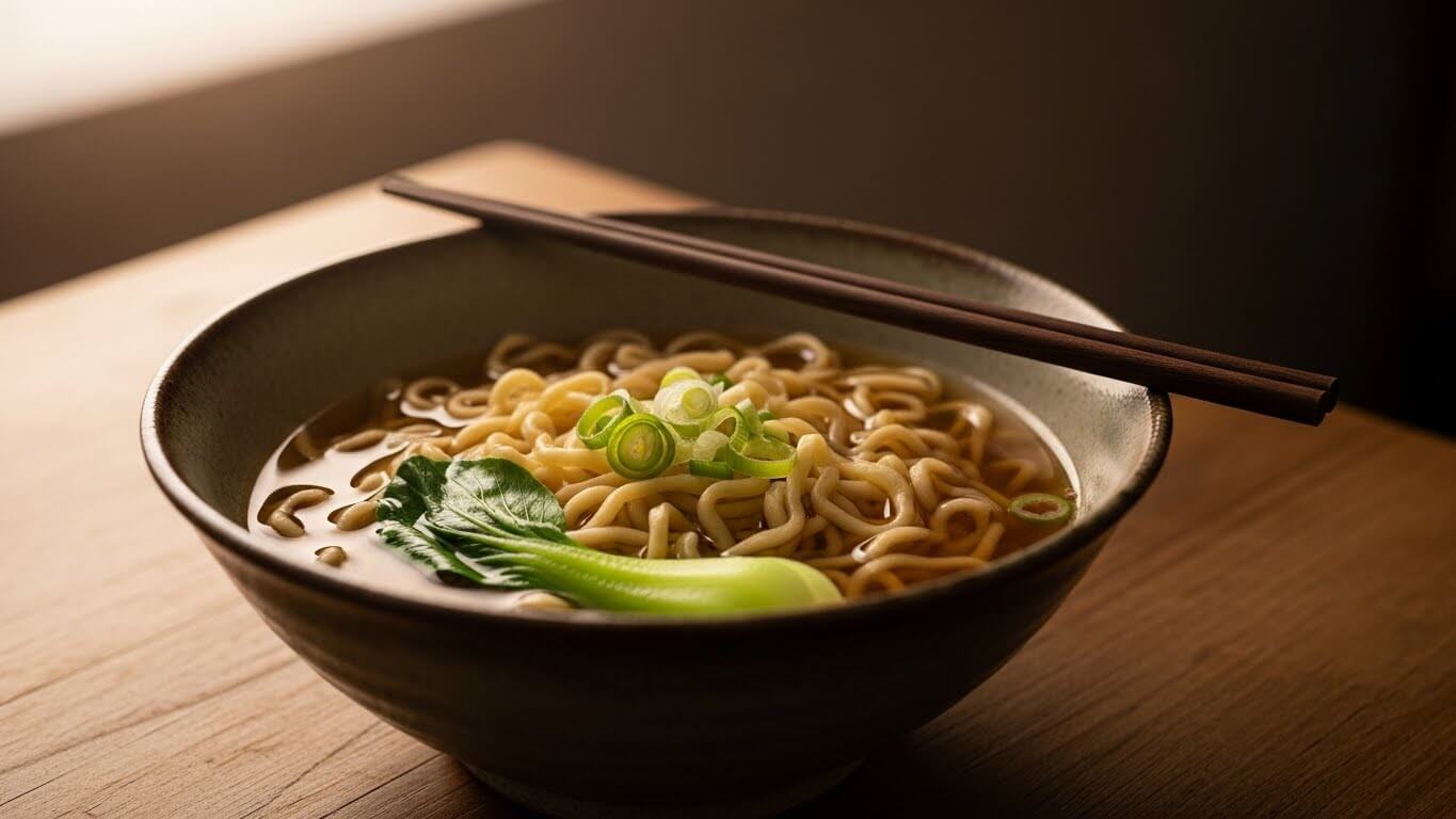 Semangkuk mie ramen dengan bok choy dan daun bawang, sumpit diletakkan di tepi mangkuk.
