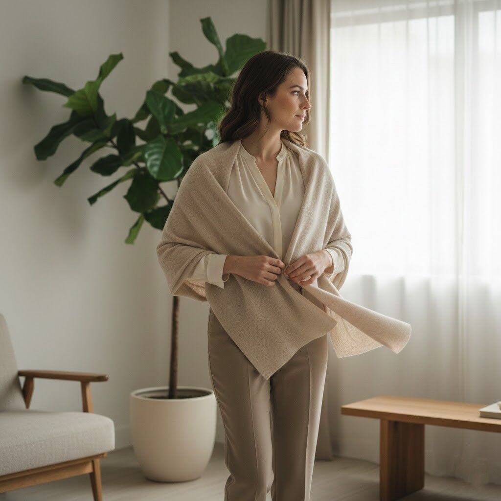 Wanita mengenakan selendang krem ​​dan blus putih berdiri di dekat tanaman pot besar di ruangan terang