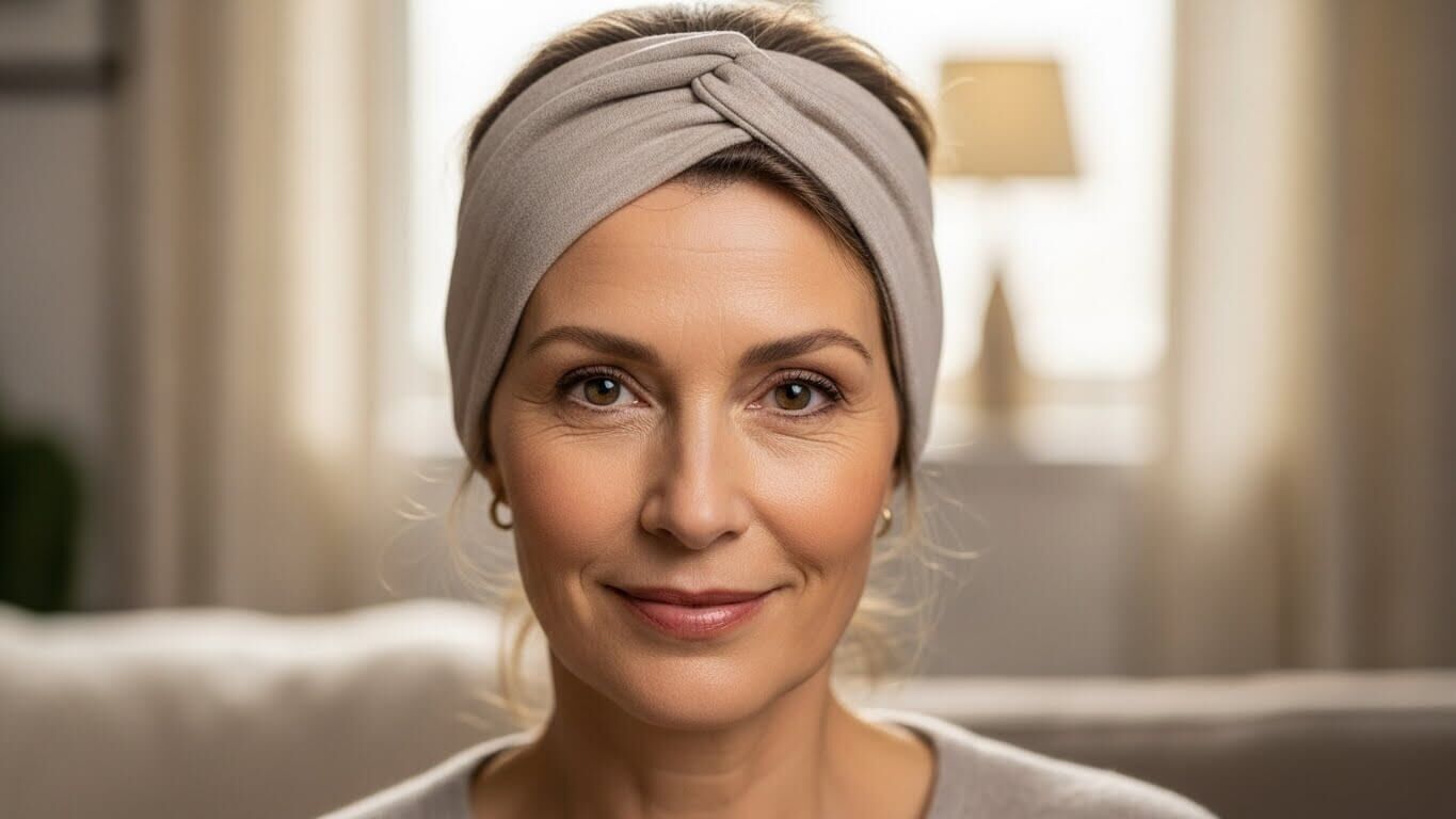 Wanita paruh baya dengan ikat kepala berwarna krem ​​tersenyum lembut di ruang tamu yang terang benderang.