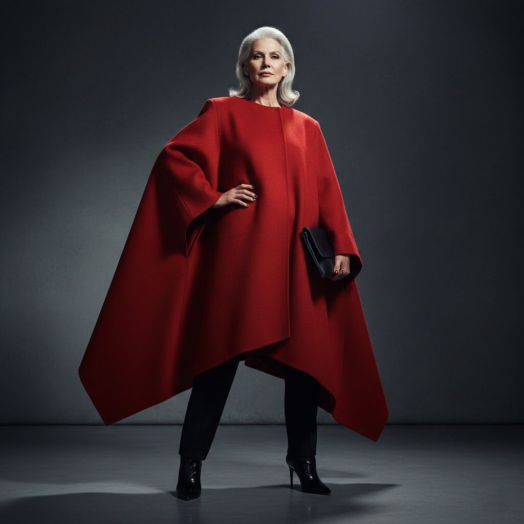 Wanita tua yang percaya diri dengan rambut perak mengenakan mantel jubah merah dramatis, celana hitam, dan memegang tas tangan hitam.