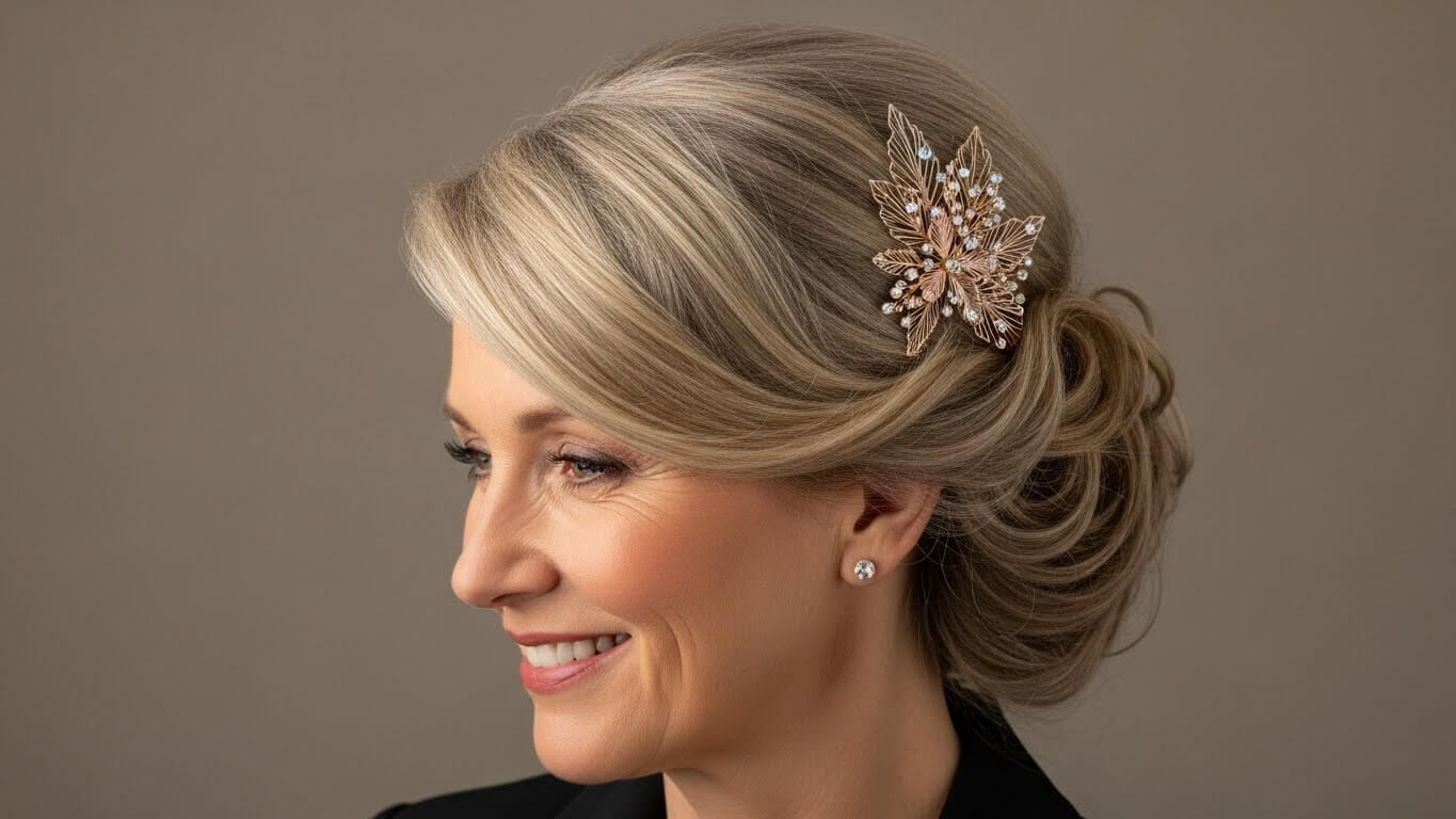 Wanita tersenyum dengan rambut pirang ditata dalam updo yang dihiasi dengan jepit rambut emas dan mutiara dekoratif