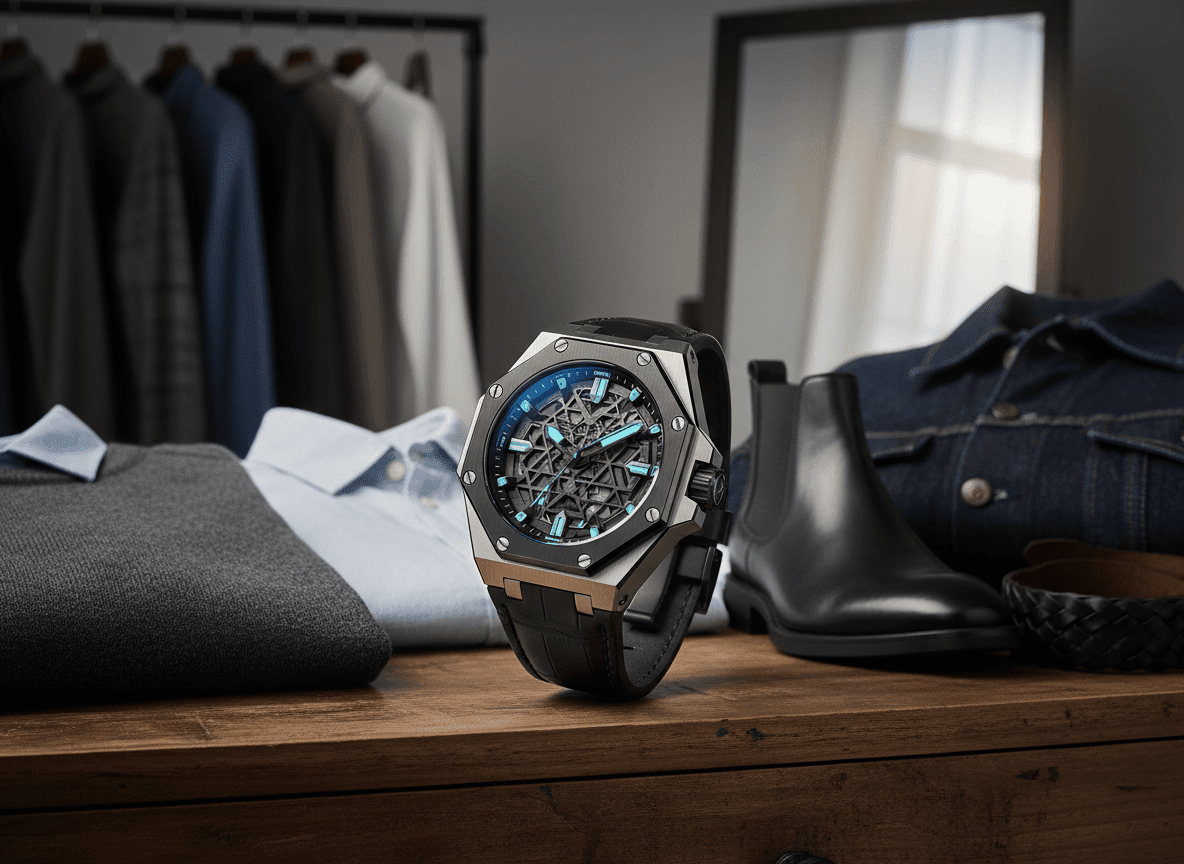 Jam tangan mewah dengan tangan dan spidol bercahaya biru ditampilkan di permukaan kayu dengan pakaian pria dan sepatu bot kulit hitam di latar belakang.