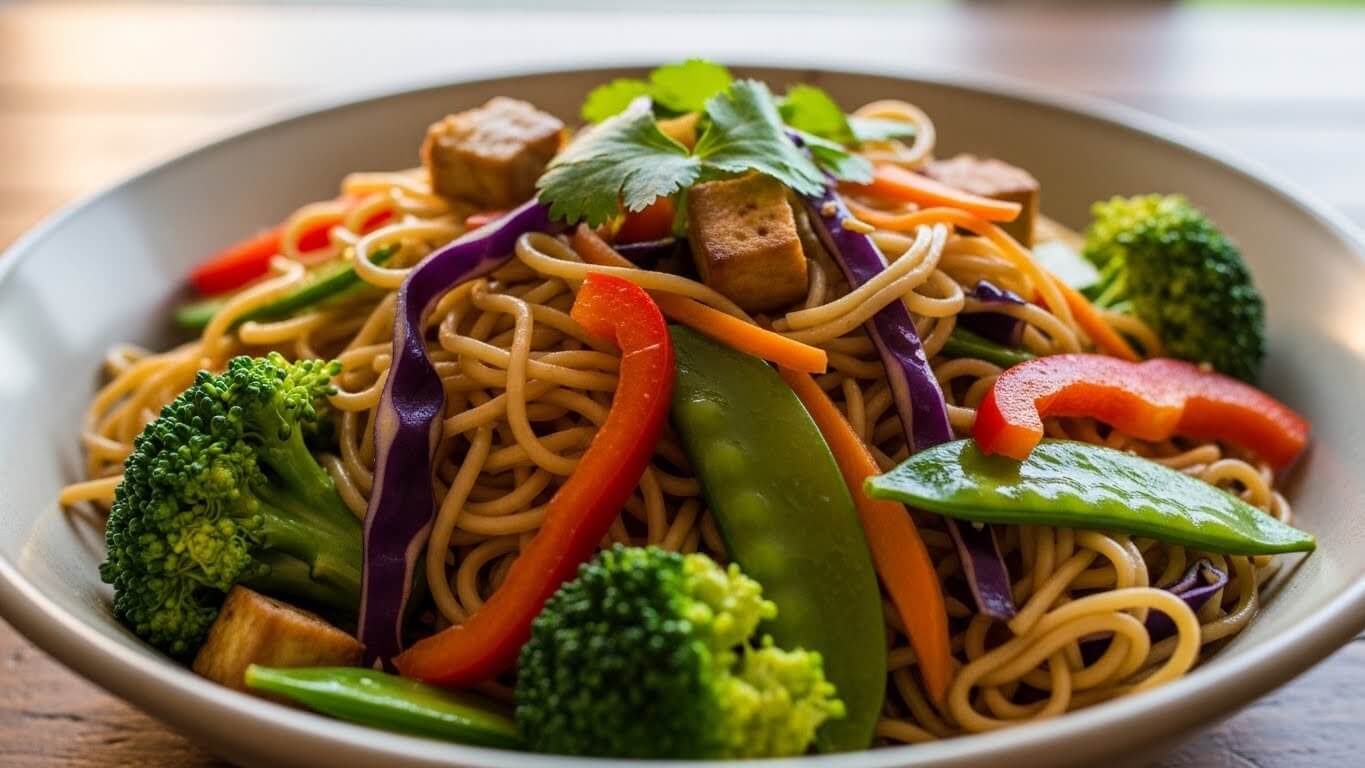 Mie goreng tumis dengan tahu, brokoli, paprika merah, kacang polong, wortel, dan kubis ungu yang dihias dengan daun ketumbar.