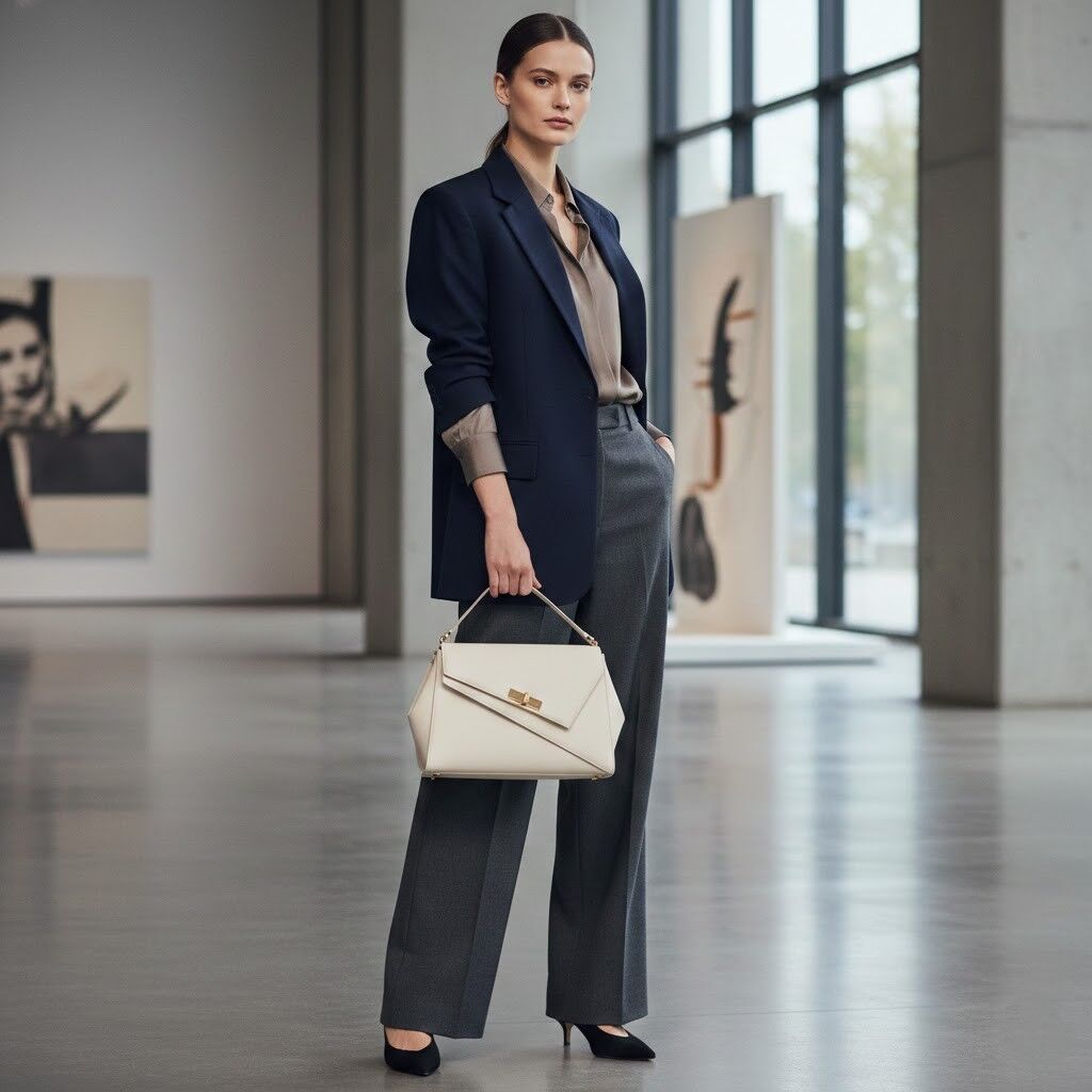 Wanita dengan blazer biru tua dan celana panjang abu-abu memegang tas tangan geometris krem ​​dalam suasana galeri modern