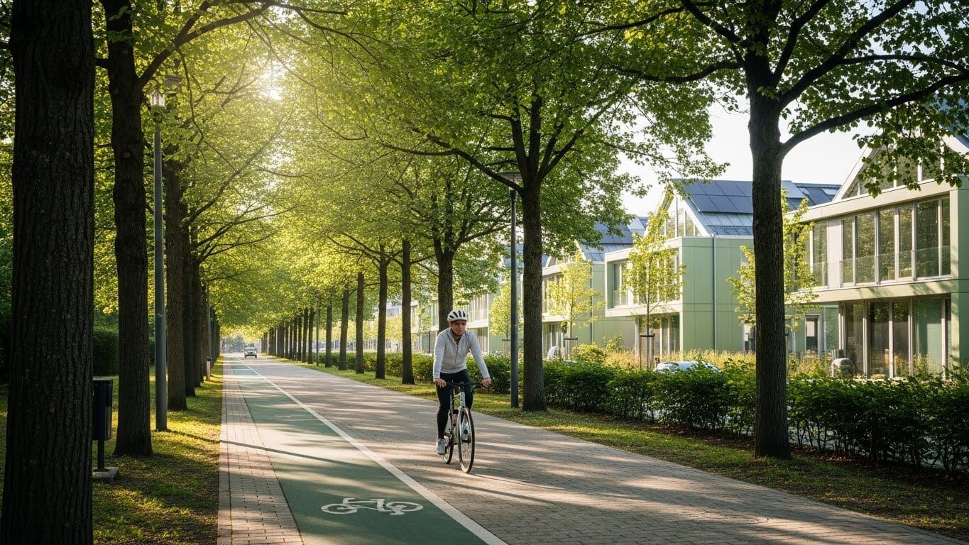 Orang yang memakai helm bersepeda di jalur sepeda yang dibatasi pepohonan di samping rumah modern di bawah sinar matahari